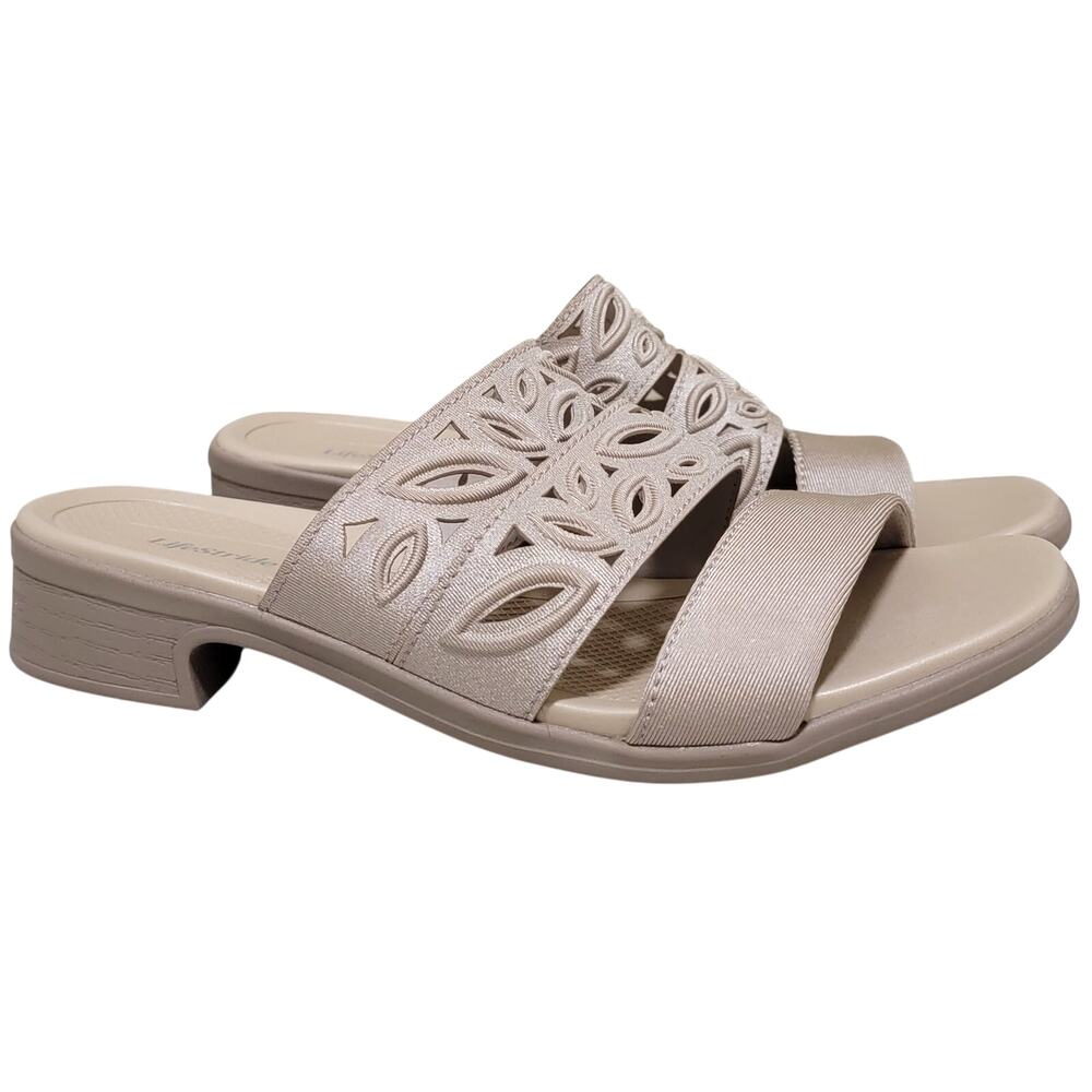LifeStride Poppy Low Heel Triple Strap Slide Sandals Size US 7.5W Simply Taupe